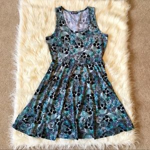 Blue skater dress with all over 💀 & 🌹 print